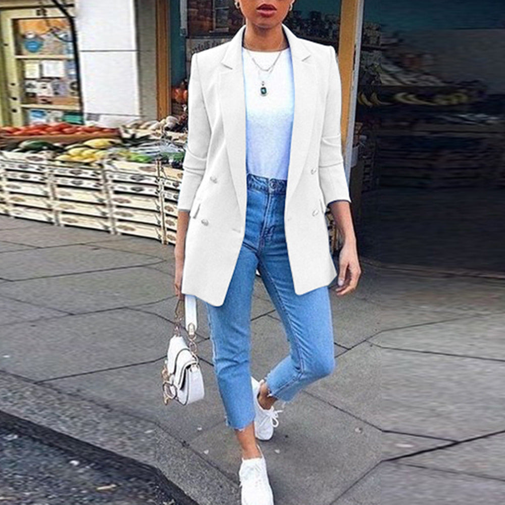 Amazon wish explosions solid color fashion lapel cardigan 2020 Europe and the United States long temperament suit jacket women