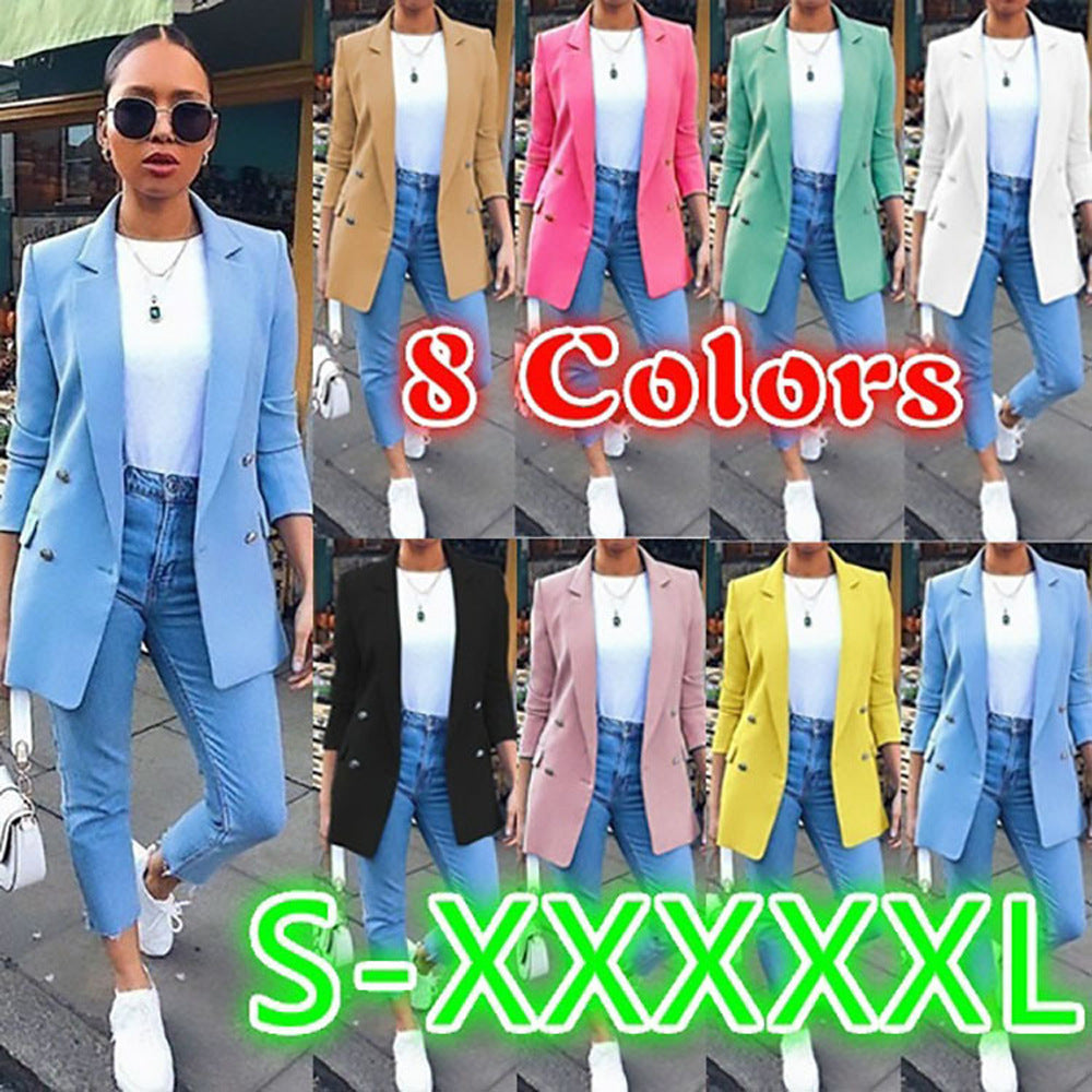 Amazon wish explosions solid color fashion lapel cardigan 2020 Europe and the United States long temperament suit jacket women