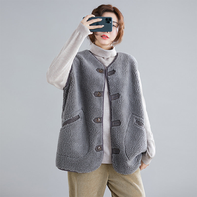 2019 Autumn and Winter New Large Size Women's Clothing Lamb Wool Loose Slimming Plush Double-sided Deerskin Fleece Vest Jacket