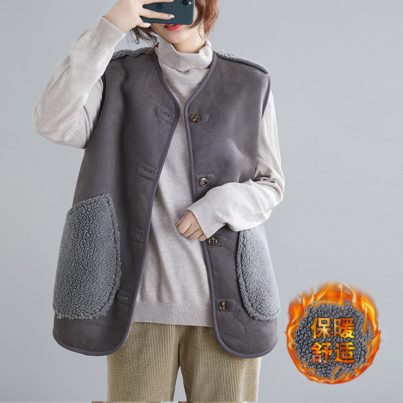 2019 Autumn and Winter New Large Size Women's Clothing Lamb Wool Loose Slimming Plush Double-sided Deerskin Fleece Vest Jacket