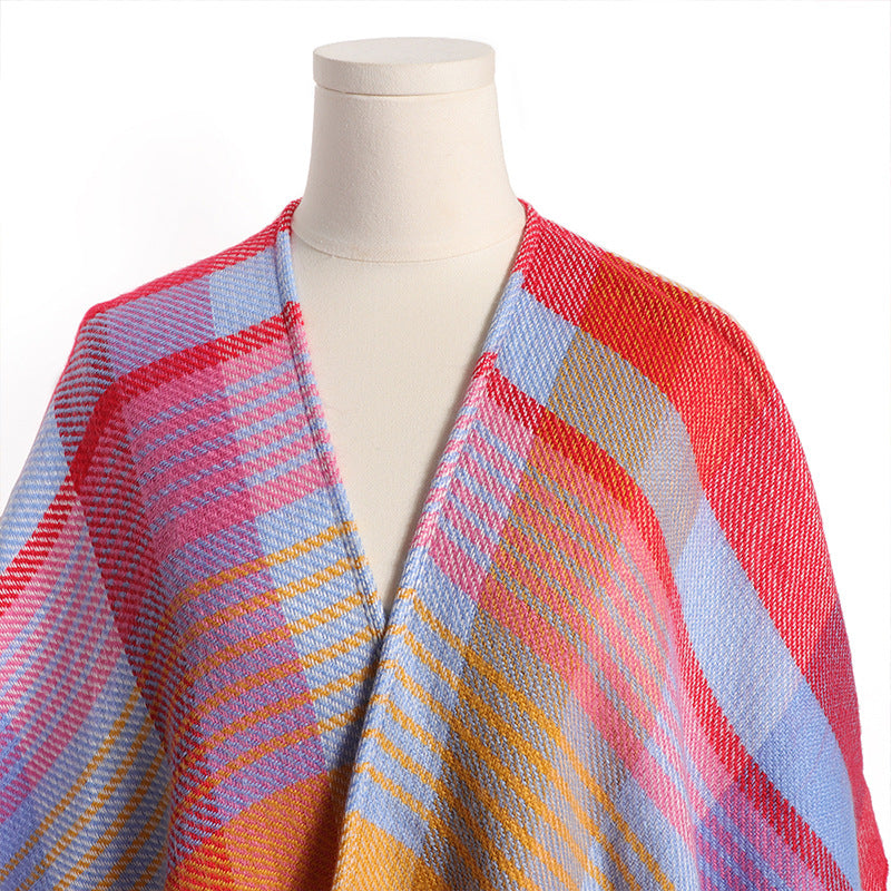 Autumn and Winter New European and American Colorful Plaid Warm Thick Imitation Cashmere Cloak Shawl Summer Air-Conditioned Room Cloak Outer Wear