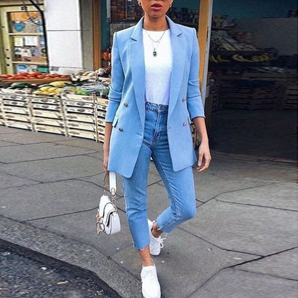 Amazon wish explosions solid color fashion lapel cardigan 2020 Europe and the United States long temperament suit jacket women