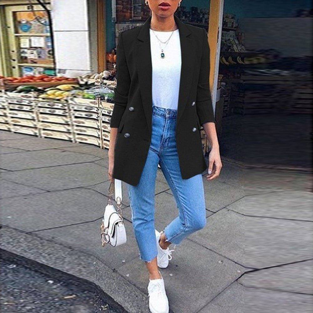Amazon wish explosions solid color fashion lapel cardigan 2020 Europe and the United States long temperament suit jacket women