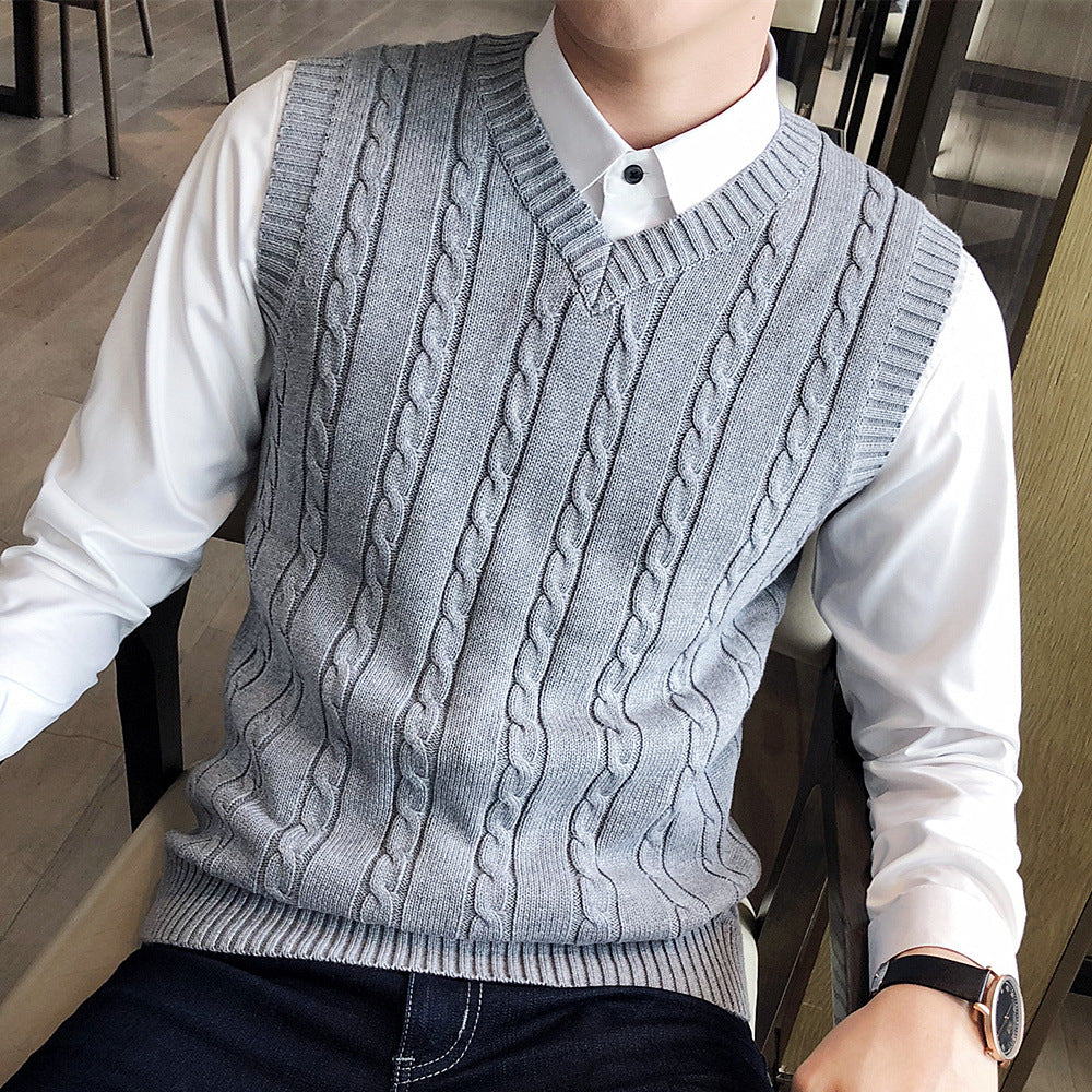 Winter Korean-style sleeveless sweater vest thickened waistcoat men's wool knitted vest men's V-neck wool vest