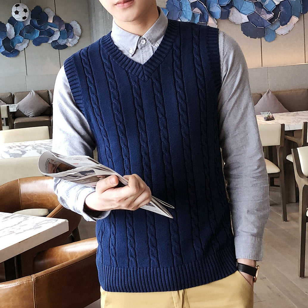 Winter Korean-style sleeveless sweater vest thickened waistcoat men's wool knitted vest men's V-neck wool vest