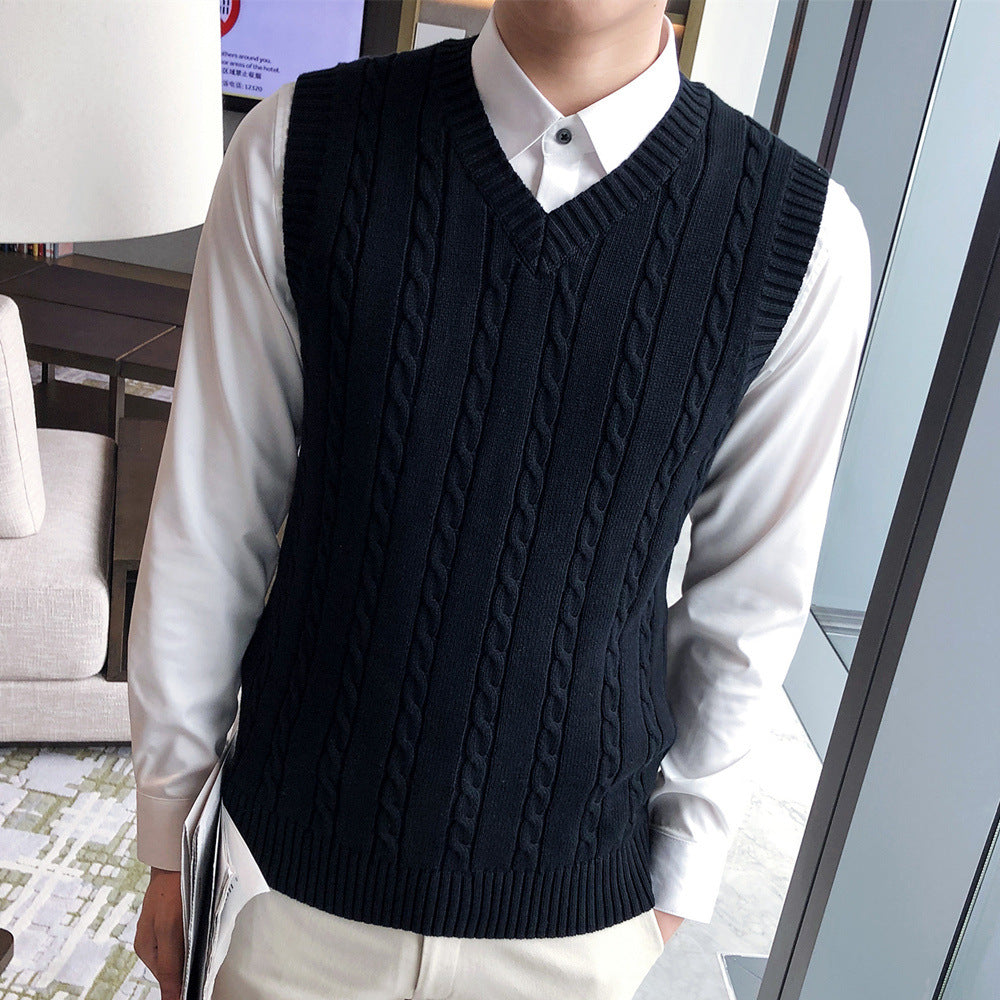Winter Korean-style sleeveless sweater vest thickened waistcoat men's wool knitted vest men's V-neck wool vest