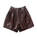 Cool Lambskin Straight-Leg Shorts in Dark Burgundy Sheepskin with Semi-Elastic Waist, Pleated Pockets, Casual Genuine Sheepskin Boot Shorts