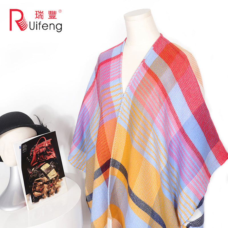 Autumn and Winter New European and American Colorful Plaid Warm Thick Imitation Cashmere Cloak Shawl Summer Air-Conditioned Room Cloak Outer Wear