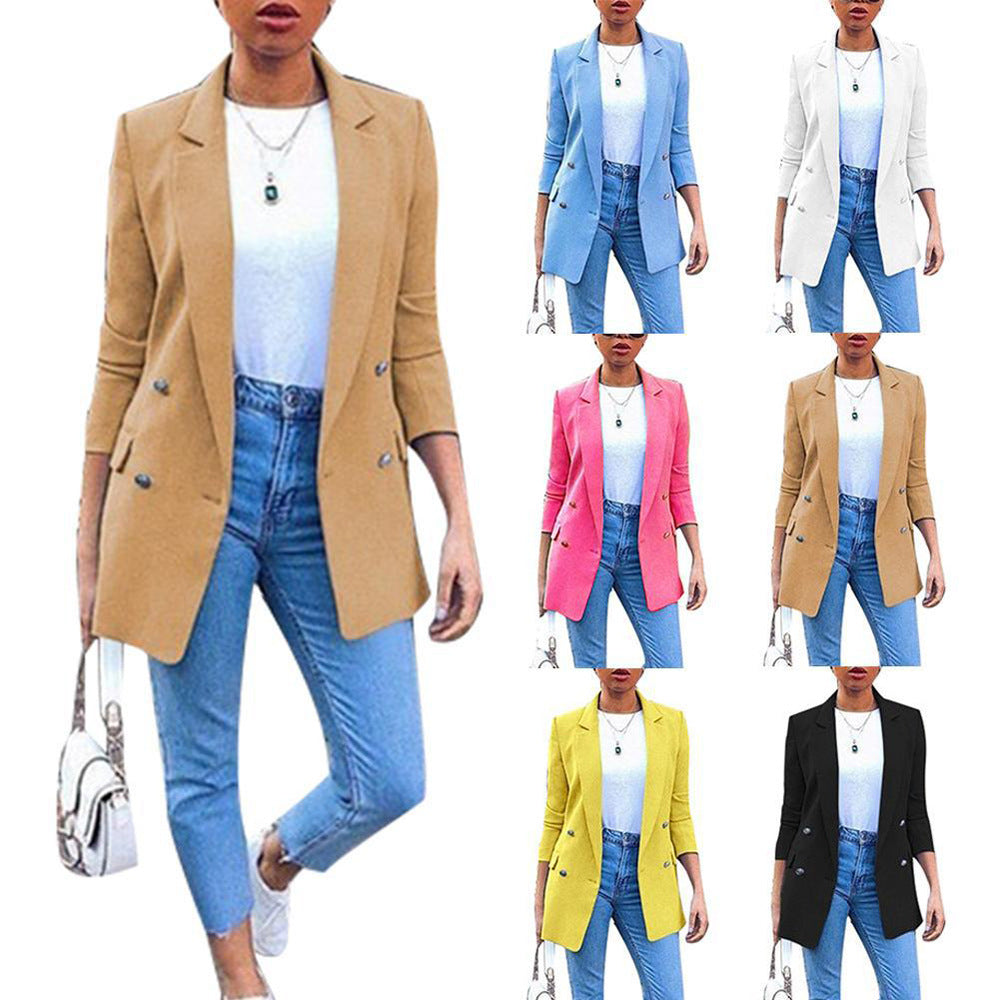Amazon wish explosions solid color fashion lapel cardigan 2020 Europe and the United States long temperament suit jacket women