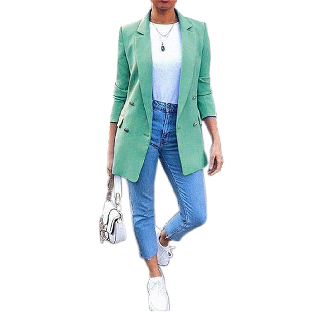 Amazon wish explosions solid color fashion lapel cardigan 2020 Europe and the United States long temperament suit jacket women