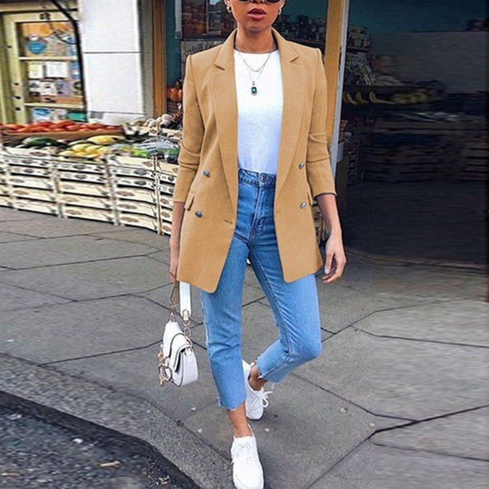 Amazon wish explosions solid color fashion lapel cardigan 2020 Europe and the United States long temperament suit jacket women