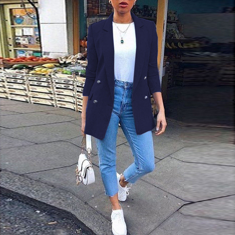 Amazon wish explosions solid color fashion lapel cardigan 2020 Europe and the United States long temperament suit jacket women