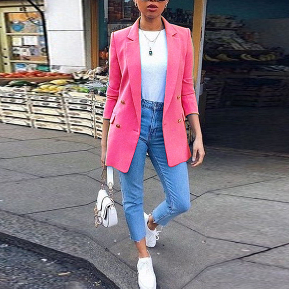 Amazon wish explosions solid color fashion lapel cardigan 2020 Europe and the United States long temperament suit jacket women