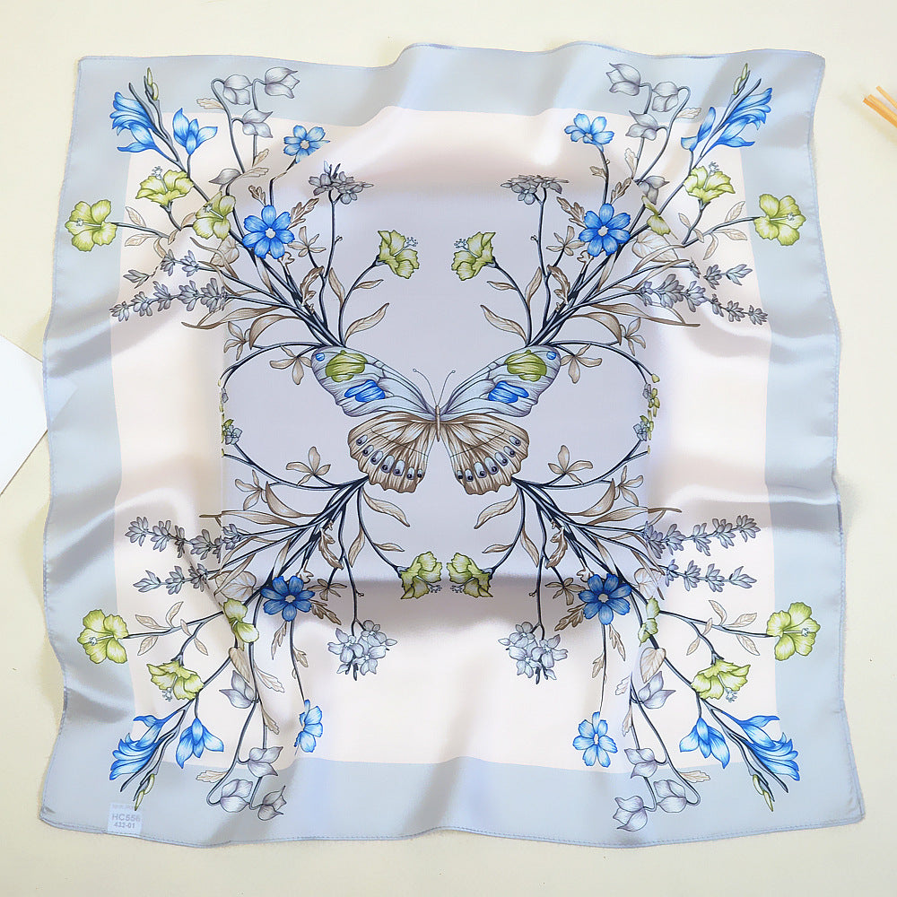 Korean Spring New 53cm New Silk Satin Butterfly Flower Ladies Small Square Scarf Scarf Small Scarf Wholesale