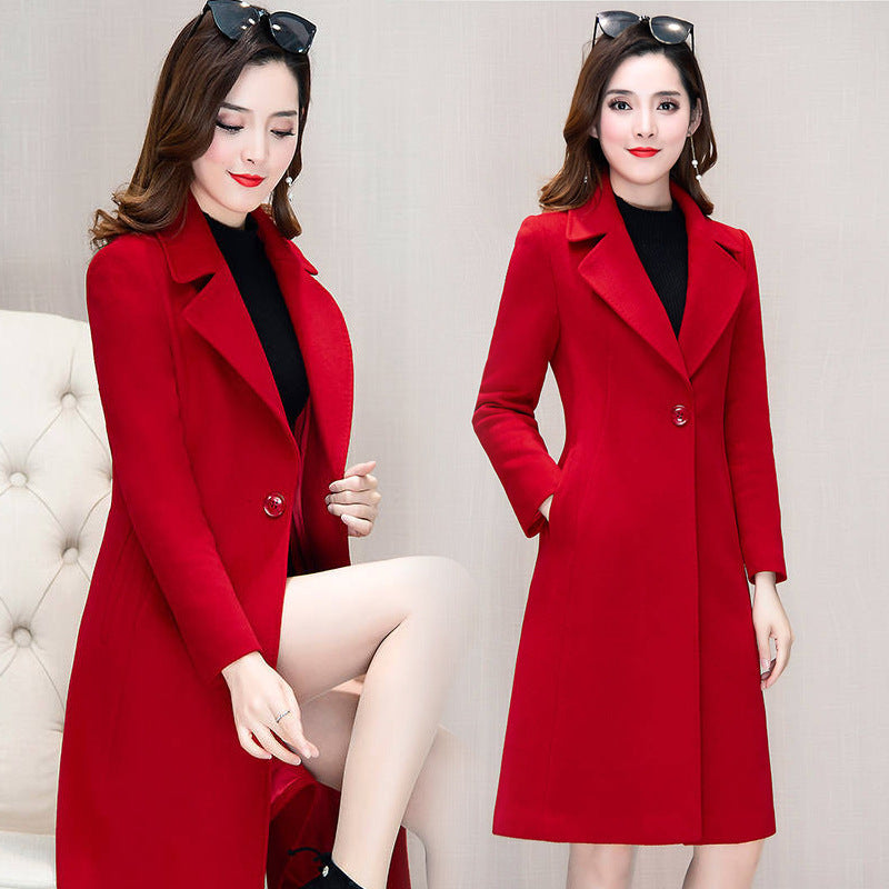 New Korean Style Autumn and Winter Wear Strap Elegant Small Women's Dress Collar Hepburn Style Mid-length Woolen Women's Coat Jacket