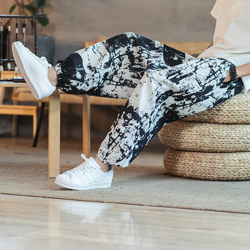 2019 spring and summer new Chinese style cotton and linen printed men's casual trousers retro plus size fashion linen skinny pants