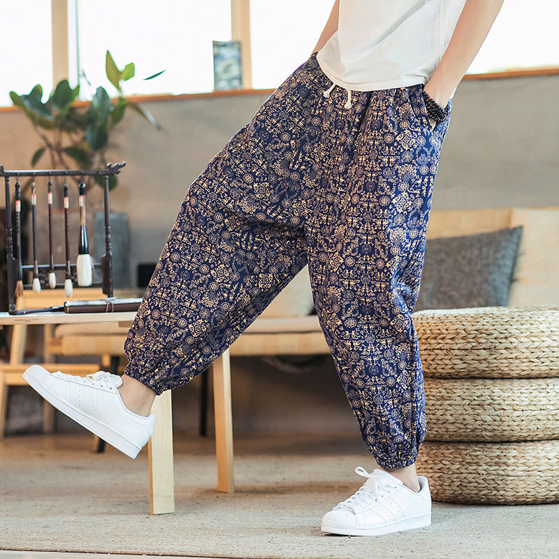 2019 spring and summer new Chinese style cotton and linen printed men's casual trousers retro plus size fashion linen skinny pants