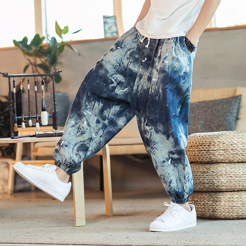 2019 spring and summer new Chinese style cotton and linen printed men's casual trousers retro plus size fashion linen skinny pants