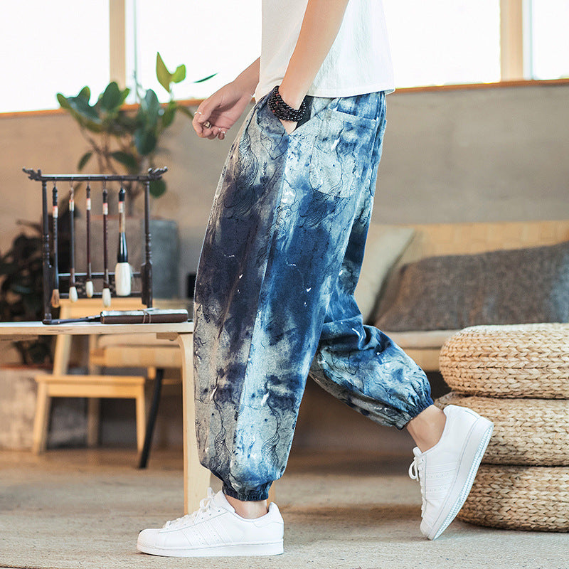 2019 spring and summer new Chinese style cotton and linen printed men's casual trousers retro plus size fashion linen skinny pants