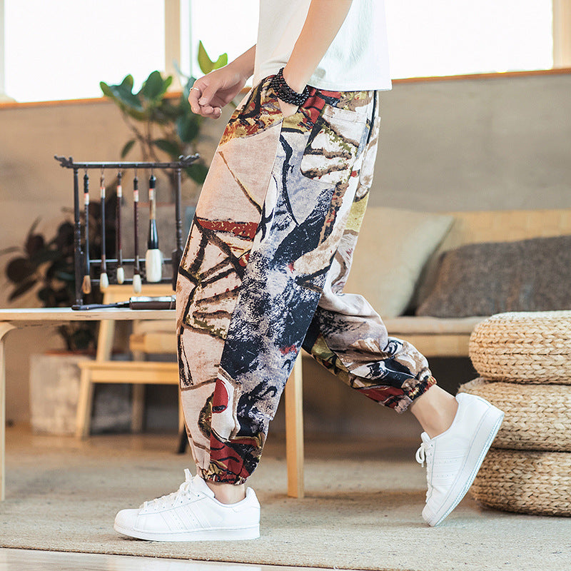 2019 spring and summer new Chinese style cotton and linen printed men's casual trousers retro plus size fashion linen skinny pants