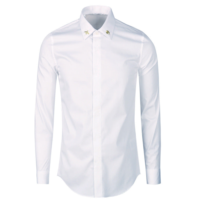 New Men's Long Sleeve Shirt Collar Golden Embroidered Bee Fashion Body Black and White plus size Shirt Men's Base Shirt