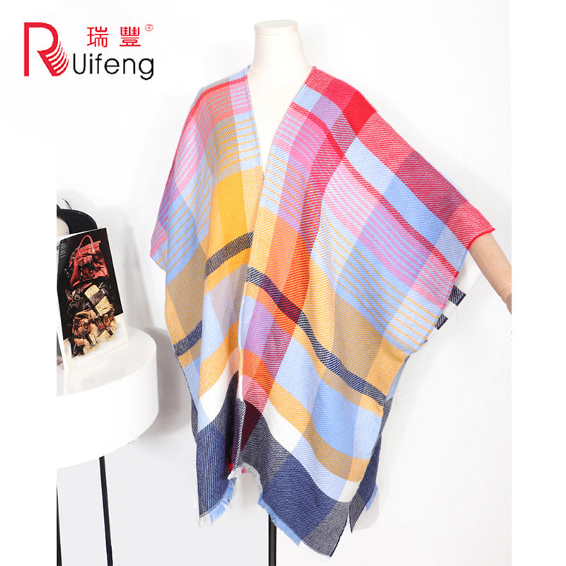 Autumn and Winter New European and American Colorful Plaid Warm Thick Imitation Cashmere Cloak Shawl Summer Air-Conditioned Room Cloak Outer Wear