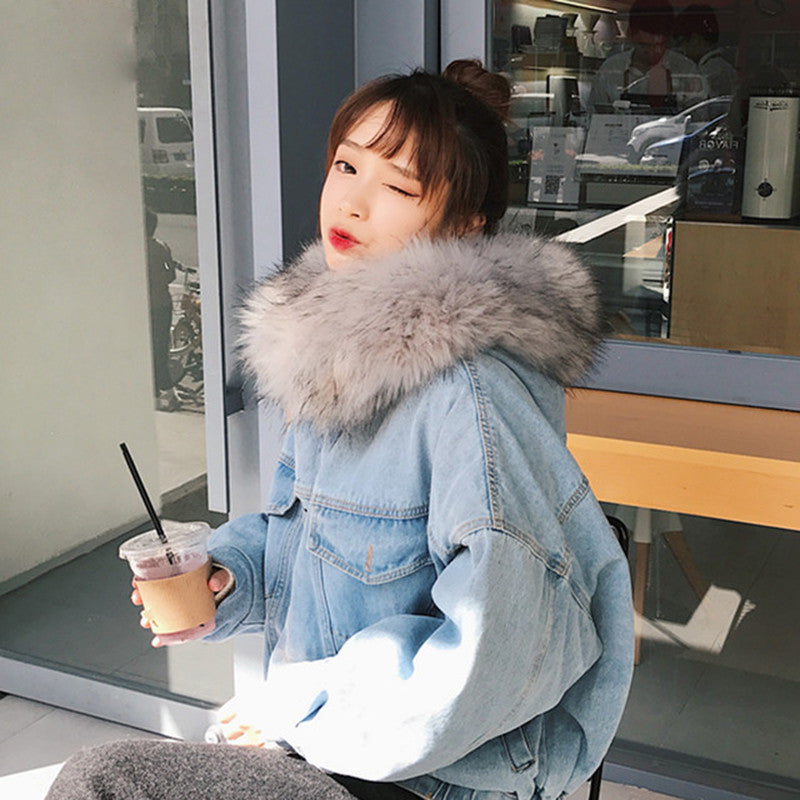 Amazon AliExpress International Station Winter New Loose Hooded Velvet Lambswool Denim Jacket Women's Cotton Clothes Fashion