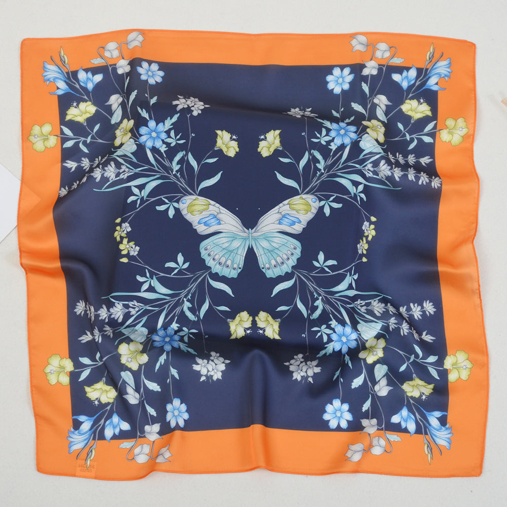 Korean Spring New 53cm New Silk Satin Butterfly Flower Ladies Small Square Scarf Scarf Small Scarf Wholesale