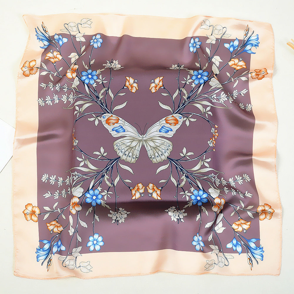 Korean Spring New 53cm New Silk Satin Butterfly Flower Ladies Small Square Scarf Scarf Small Scarf Wholesale