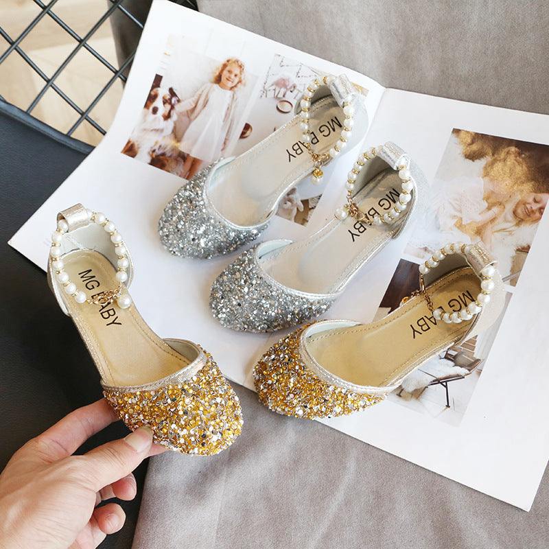 Children's Leather Shoes 2025 New Style Girls' Small High Heels with Pearl Sequins, Half-Support Soft Sole Performance Shoes for Little Princesses