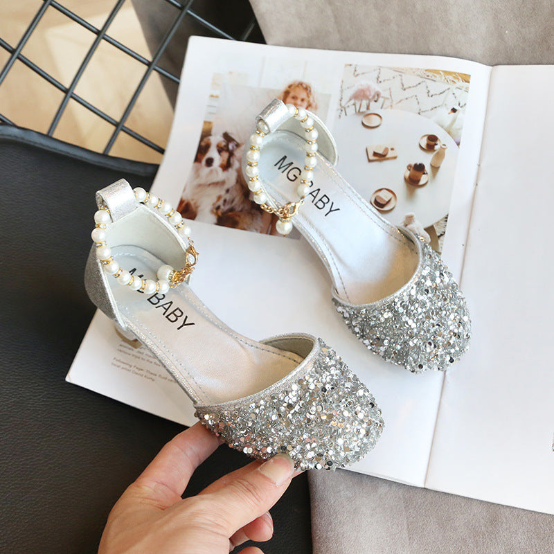 Children's Leather Shoes 2025 New Style Girls' Small High Heels with Pearl Sequins, Half-Support Soft Sole Performance Shoes for Little Princesses