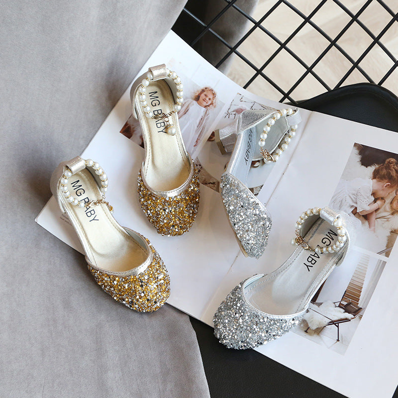 Children's Leather Shoes 2025 New Style Girls' Small High Heels with Pearl Sequins, Half-Support Soft Sole Performance Shoes for Little Princesses