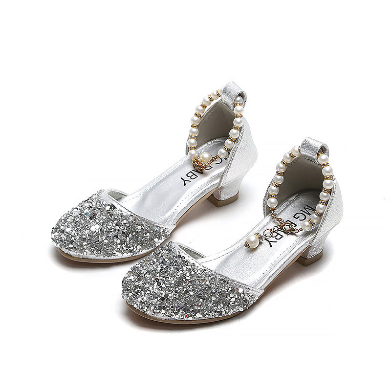 Children's Leather Shoes 2025 New Style Girls' Small High Heels with Pearl Sequins, Half-Support Soft Sole Performance Shoes for Little Princesses