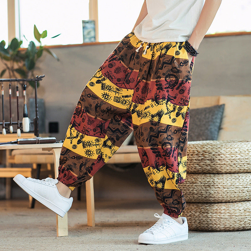 2019 spring and summer new Chinese style cotton and linen printed men's casual trousers retro plus size fashion linen skinny pants