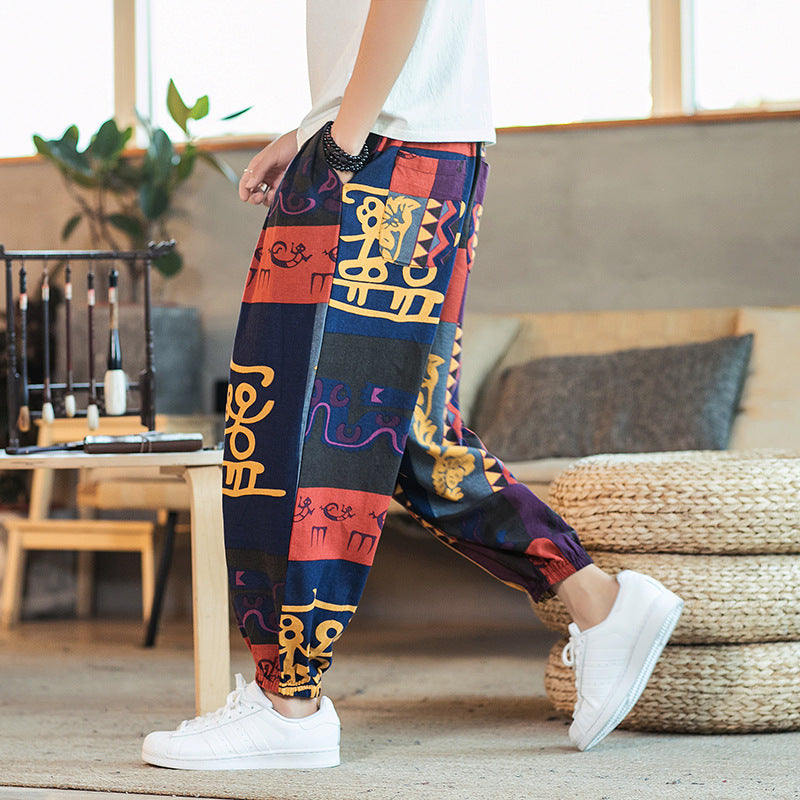 2019 spring and summer new Chinese style cotton and linen printed men's casual trousers retro plus size fashion linen skinny pants