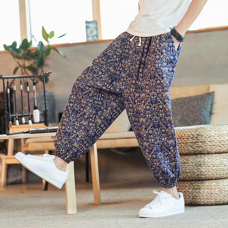 2019 spring and summer new Chinese style cotton and linen printed men's casual trousers retro plus size fashion linen skinny pants