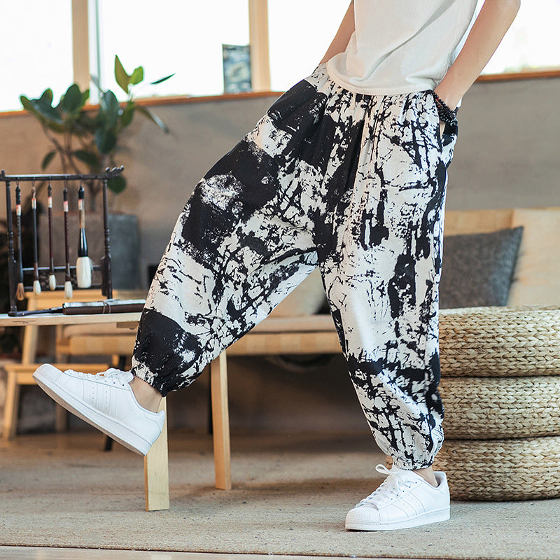 2019 spring and summer new Chinese style cotton and linen printed men's casual trousers retro plus size fashion linen skinny pants