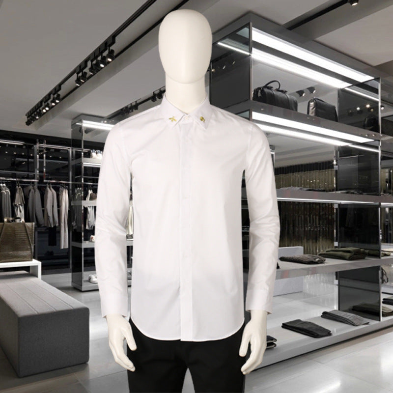 New Men's Long Sleeve Shirt Collar Golden Embroidered Bee Fashion Body Black and White plus size Shirt Men's Base Shirt