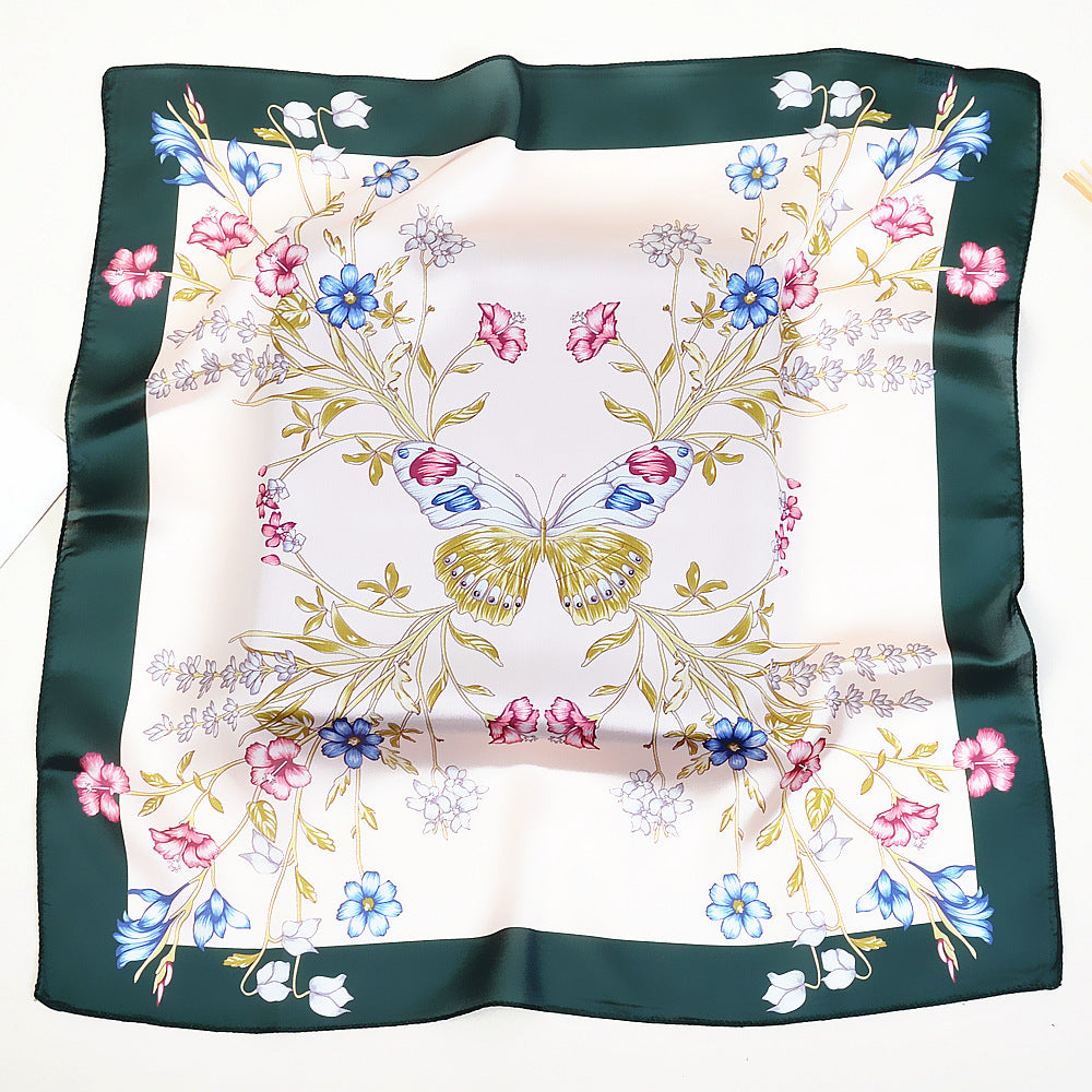 Korean Spring New 53cm New Silk Satin Butterfly Flower Ladies Small Square Scarf Scarf Small Scarf Wholesale