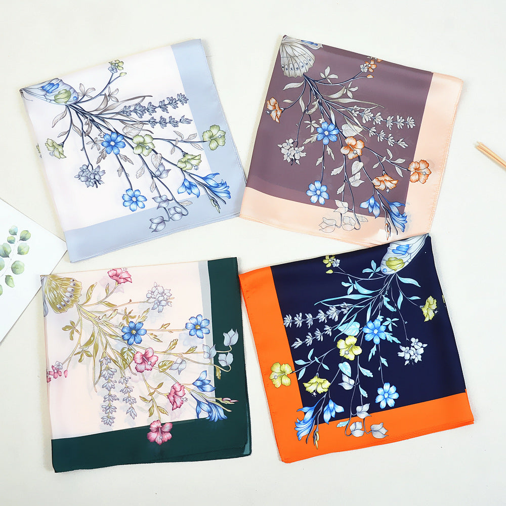 Korean Spring New 53cm New Silk Satin Butterfly Flower Ladies Small Square Scarf Scarf Small Scarf Wholesale