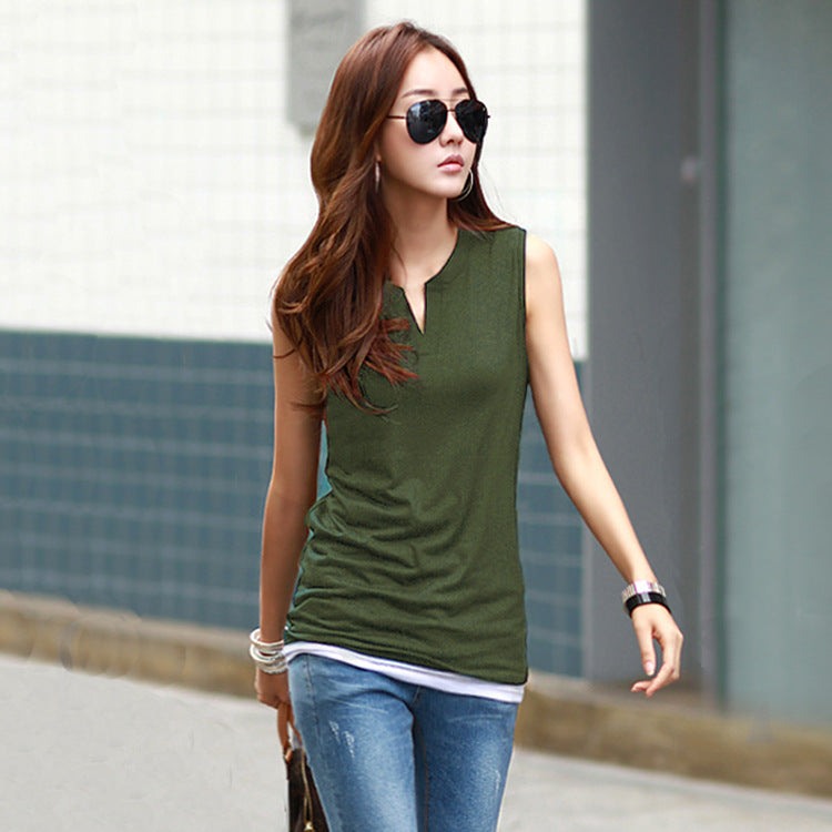Summer New Women's Korean Style V-Neck Sleeveless T-Shirt Pure Cotton Base Shirt Slim Fit Tank Top Cross-Border