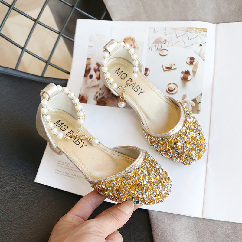 Children's Leather Shoes 2025 New Style Girls' Small High Heels with Pearl Sequins, Half-Support Soft Sole Performance Shoes for Little Princesses