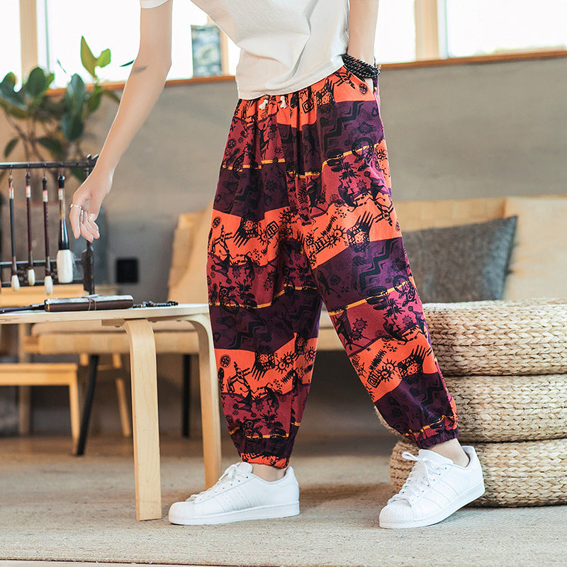 2019 spring and summer new Chinese style cotton and linen printed men's casual trousers retro plus size fashion linen skinny pants