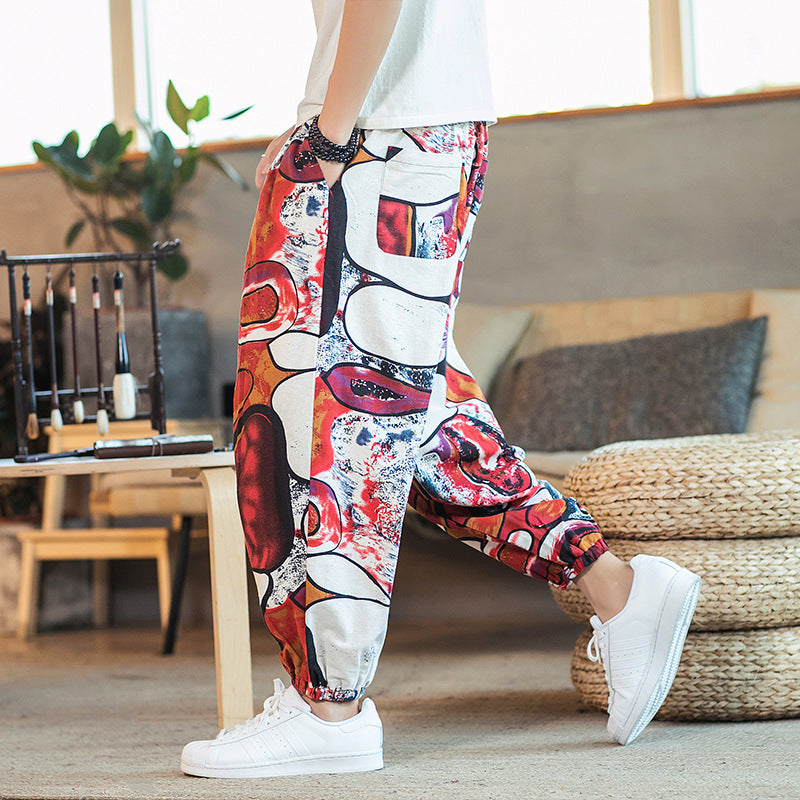 2019 spring and summer new Chinese style cotton and linen printed men's casual trousers retro plus size fashion linen skinny pants