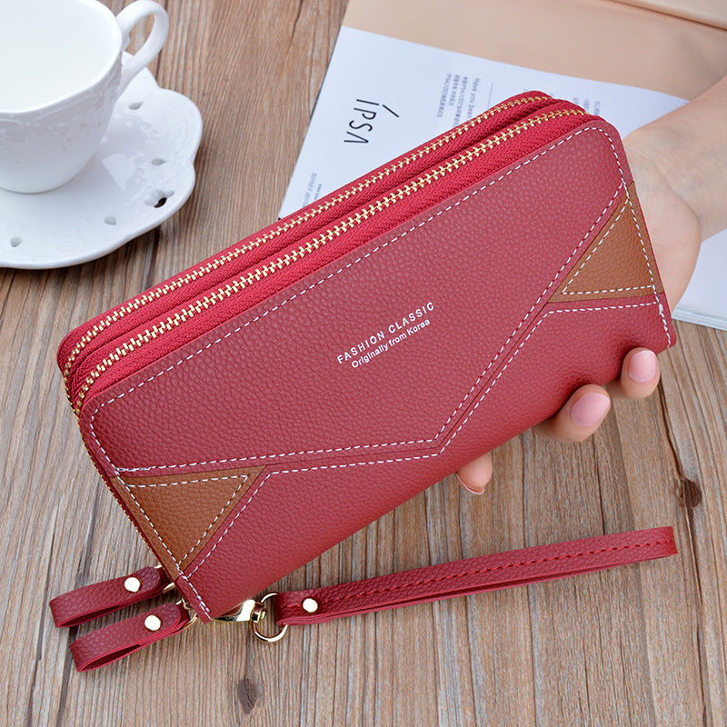 Double Zipper Wallet Women's Clutch Bag Long Fashionable Contrast Color Mother's Double Layer Wallet Large Capacity Litchi Pattern Wallet