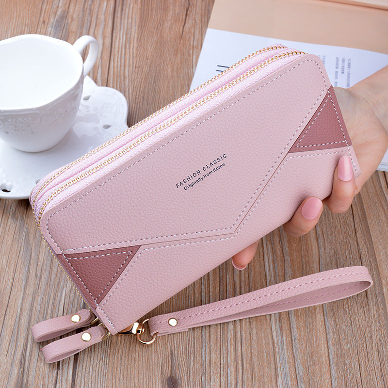 Double Zipper Wallet Women's Clutch Bag Long Fashionable Contrast Color Mother's Double Layer Wallet Large Capacity Litchi Pattern Wallet