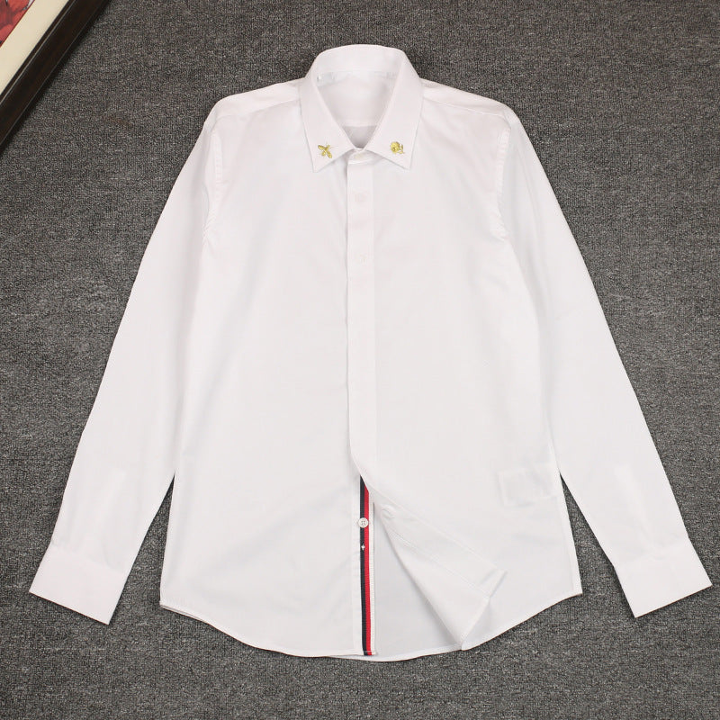 New Men's Long Sleeve Shirt Collar Golden Embroidered Bee Fashion Body Black and White plus size Shirt Men's Base Shirt
