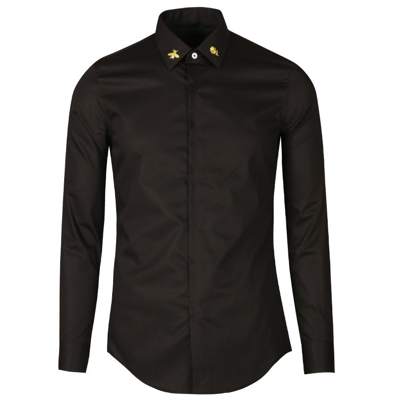 New Men's Long Sleeve Shirt Collar Golden Embroidered Bee Fashion Body Black and White plus size Shirt Men's Base Shirt