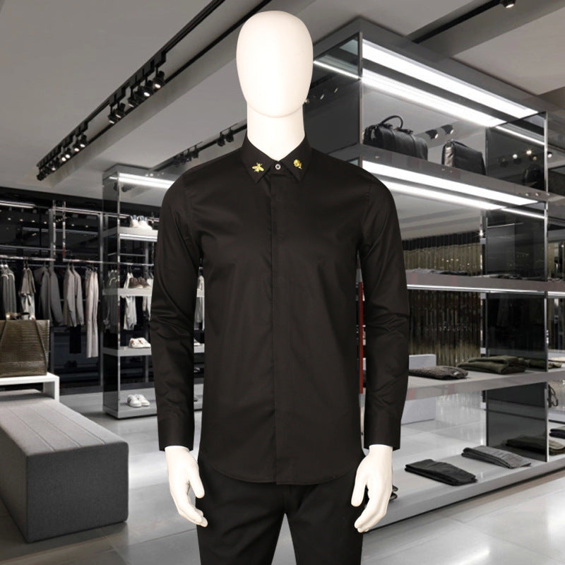 New Men's Long Sleeve Shirt Collar Golden Embroidered Bee Fashion Body Black and White plus size Shirt Men's Base Shirt