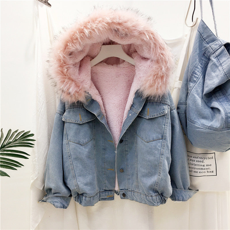 Amazon AliExpress International Station Winter New Loose Hooded Velvet Lambswool Denim Jacket Women's Cotton Clothes Fashion